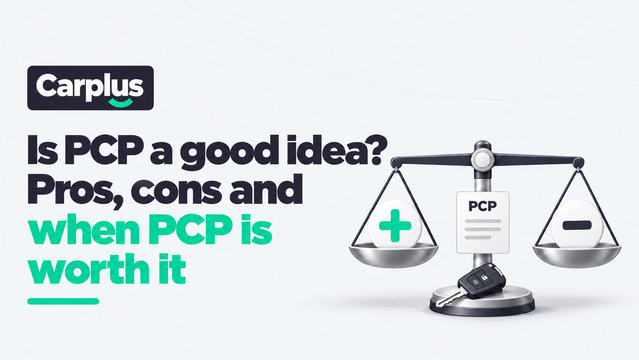 Balanced scales with plus and minus symbols, a PCP agreement and car key, illustrating the pros and cons of PCP car finance